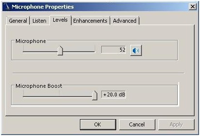 Set Microphone sensitivity 100, Boost based on table